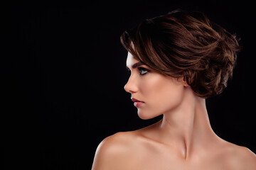 Profile side photo of aesthetic perfect lady model for skin body care beauty products pose over dark color background