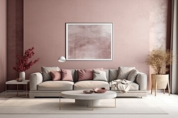a mockup photo frame on the lounge wall, a comfy interior with a luxury sofa and lovely furniture, Generative AI