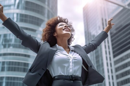 wideshot professional photograph of a georgous afro-african american wearing a gray office outfit spreading her arms with skyscrapers in the background. Business woman happy. Generative AI