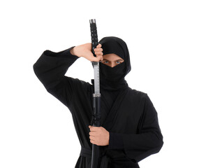 Male ninja with sword on white background © Pixel-Shot