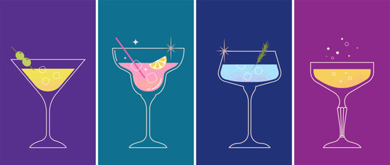 Modern flat summer cocktails collection. Colorful background with cocktail glasses. Celebration poster concept and web banner.