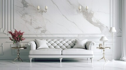 : An interior design example of a living room with a white marble wall. luxurious style. living room minimalist decor. couch against the texture of the white marble walls. Generative AI