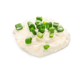 Tasty sour cream with sliced green onion on white background