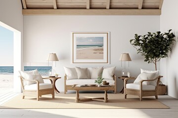 Fototapeta premium Mockup for Coastal Home Decor Coastal photo mockup styling of a blank white wall, framed white wall with armchairs, and a lounge room in a coastal Hamptons home with an oak frame. Generative AI