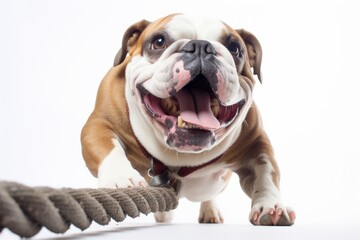Obraz premium Lifestyle portrait photography of a smiling bulldog playing tug-of-war against a white background. With generative AI technology