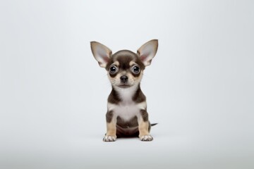 Medium shot portrait photography of a curious chihuahua sitting against a white background. With generative AI technology
