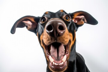 Close-up portrait photography of a happy doberman pinscher licking himself against a white background. With generative AI technology