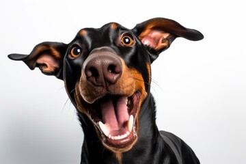 Close-up portrait photography of a happy doberman pinscher licking himself against a white background. With generative AI technology