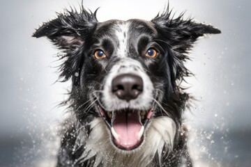 Environmental portrait photography of a happy border collie shaking off water after swimming against a white background. With generative AI technology