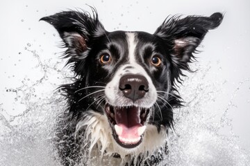 Fototapeta premium Environmental portrait photography of a happy border collie shaking off water after swimming against a white background. With generative AI technology