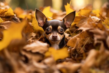 Medium shot portrait photography of a funny chihuahua playing in a pile of leaves against a forest background. With generative AI technology