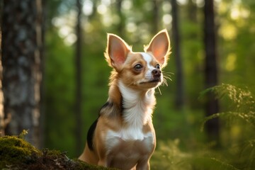 Full-length portrait photography of a curious chihuahua scratching ears against a forest background. With generative AI technology