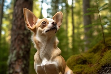 Full-length portrait photography of a curious chihuahua scratching ears against a forest background. With generative AI technology