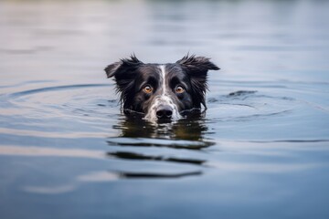 Environmental portrait photography of a smiling border collie swimming in a lake against a minimalist or empty room background. With generative AI technology - obrazy, fototapety, plakaty