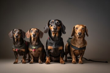 Group portrait photography of a smiling dachshund hiking with the owner against a minimalist or empty room background. With generative AI technology