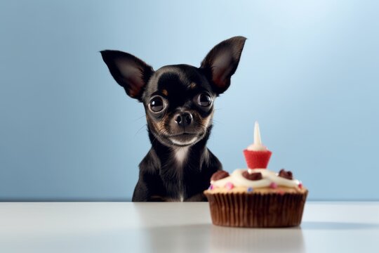 Medium shot portrait photography of a smiling chihuahua eating a birthday cake against a minimalist or empty room background. With generative AI technology