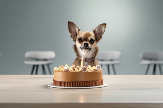 Medium shot portrait photography of a smiling chihuahua eating a birthday cake against a minimalist or empty room background. With generative AI technology