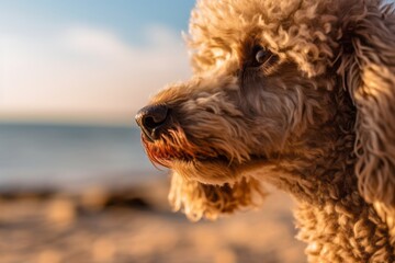 Environmental portrait photography of a curious poodle scratching nose against a beach background. With generative AI technology