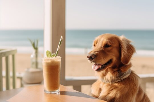Lifestyle portrait photography of a funny golden retriever having a smoothie against a beach background. With generative AI technology