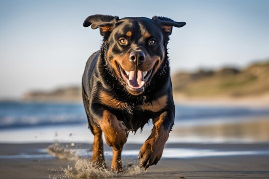 Full-length portrait photography of a curious rottweiler running against a beach background. With generative AI technology