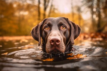Studio portrait photography of a curious labrador retriever swimming against an autumn foliage...