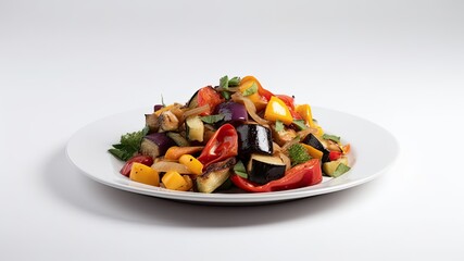 A colorful plate of ratatouille with eggplant, zucchini, and bell peppers on White Background with copy space for your text created with generative AI technology