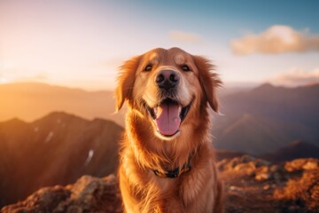 Medium shot portrait photography of a happy golden retriever being on a mountain peak against a pastel or soft colors background. With generative AI technology