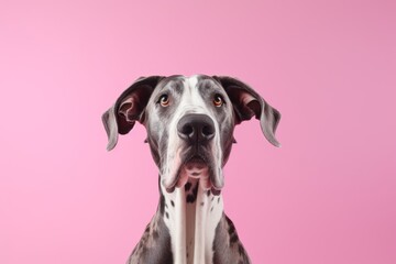 Environmental portrait photography of a funny great dane sniffing against a pastel or soft colors background. With generative AI technology