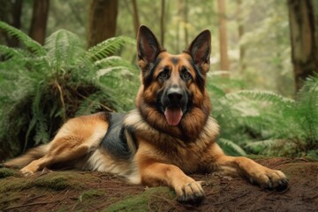 Lifestyle portrait photography of a happy german shepherd lying down against forests and woodlands background. With generative AI technology