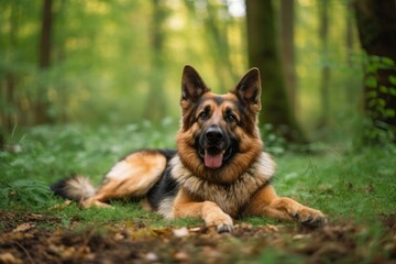Naklejka na ściany i meble Lifestyle portrait photography of a happy german shepherd lying down against forests and woodlands background. With generative AI technology