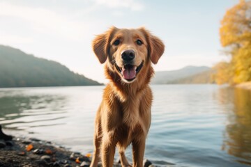 Close-up portrait photography of a smiling golden retriever standing on hind legs against lakes and rivers background. With generative AI technology