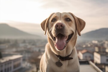 Close-up portrait photography of a smiling labrador retriever being on a mountain peak against urban streets and alleys background. With generative AI technology