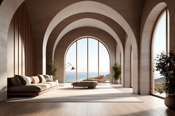 Obraz na płótnie Canvas luxurious minimalist interior design in the living room area. a concrete tile floor, arched passageways, and wood material are used in a huge windowed flat. Generative AI