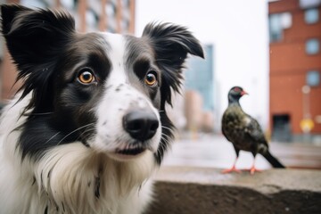 Fototapeta premium Medium shot portrait photography of a curious border collie being with a pet bird against urban streets and alleys background. With generative AI technology