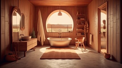 Interior of a wooden shower with a tiled floor, a rug, a sink with a mirror, a closet, and a window with a unique shape. two-exposure tonal picture Generative AI