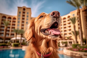 Close-up portrait photography of a happy golden retriever scratching nose against pet-friendly hotels and resorts background. With generative AI technology