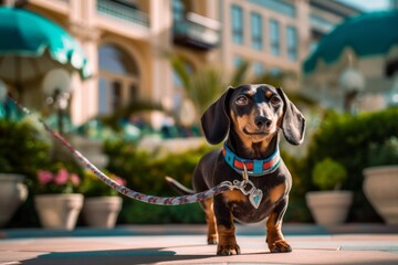 Medium shot portrait photography of a happy dachshund walking on a leash against pet-friendly hotels and resorts background. With generative AI technology