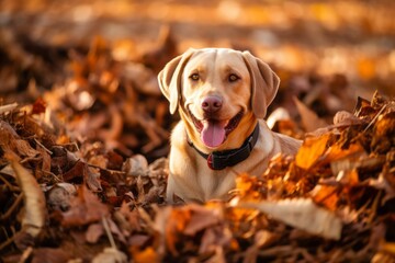 Medium shot portrait photography of a funny labrador retriever playing in a pile of leaves against farms and ranches background. With generative AI technology