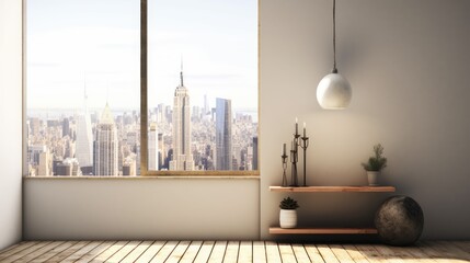 a spotless interior with a city view, a lamp, and daylight. a mockup Generative AI