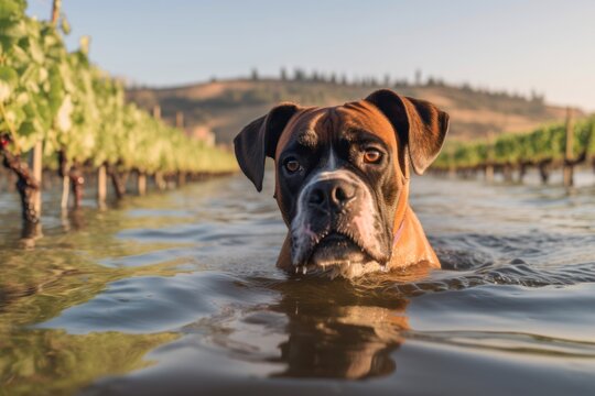 Environmental portrait photography of a curious boxer dog swimming against vineyards and wineries background. With generative AI technology