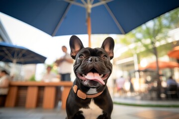Medium shot portrait photography of a happy french bulldog being under an umbrella against museums with outdoor exhibits background. With generative AI technology