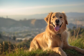 Medium shot portrait photography of a happy golden retriever rolling against scenic viewpoints and overlooks background. With generative AI technology