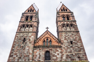 Fototapeta na wymiar Church of Saint Faith of Selestat (Eglise Sainte-Foy de Selestat) - major Romanesque architecture landmark in Selestat. Church dates back to XII century. Selestat, Alsace, France.