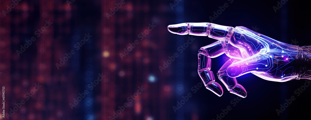 Wall mural a robotic hand with a holographic finger on cyber background with copy space. humanoid mechanical ar
