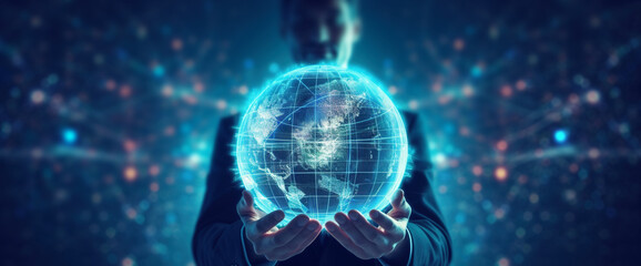 A businessman is holding a globe enveloped in a neural luminescent network. The concept of global worldwide connections through the Internet and business marketing. Generative Ai.