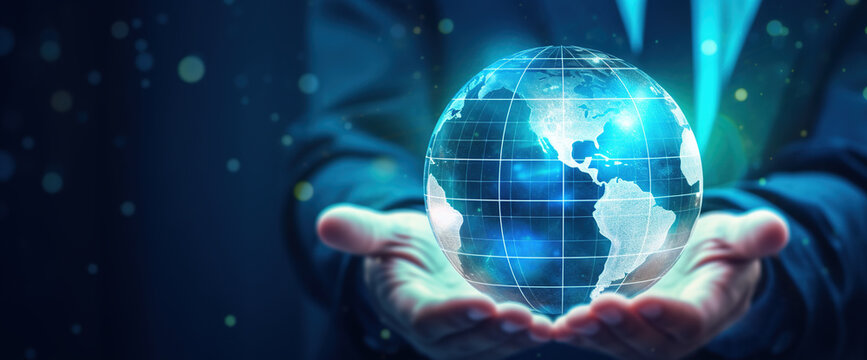 Businessman holding a global business globe with network. Luminous globe with holographic connections showing global digital marketing and worldwide connections. Generative Ai.