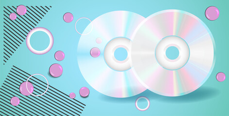 Gradient turquoise background with CDs and gum in '90s style
