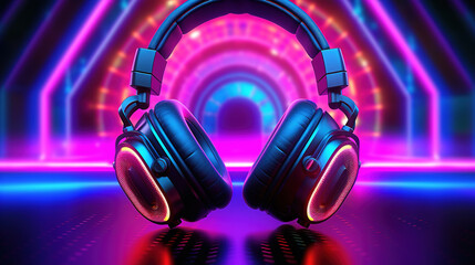 Fototapeta na wymiar Large gamer headphones with speakers on a stylish neon 80's background. Futuristic headphones on a glowing neon background. Generative Ai.