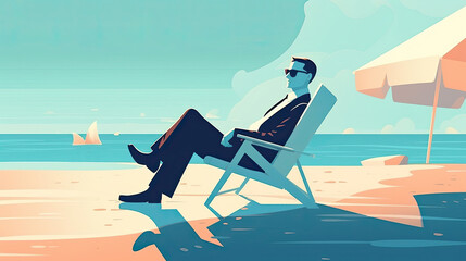 Illustration of a business person spending time on the beach, Generative AI