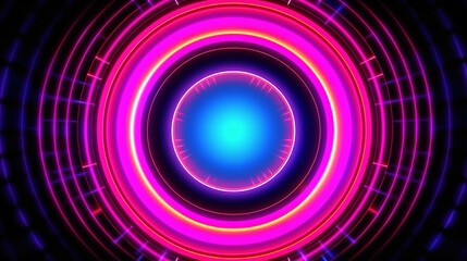 Hypnotic electric cyber rings. Abstract futuristic background with pink and blue glowing neon lights. Fantastic wallpaper. Neon rings background. Generative Ai.